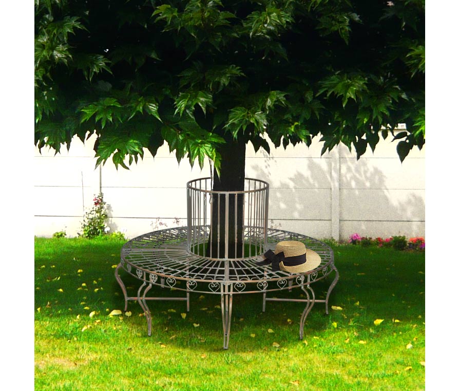 wrought iron bench tree tower